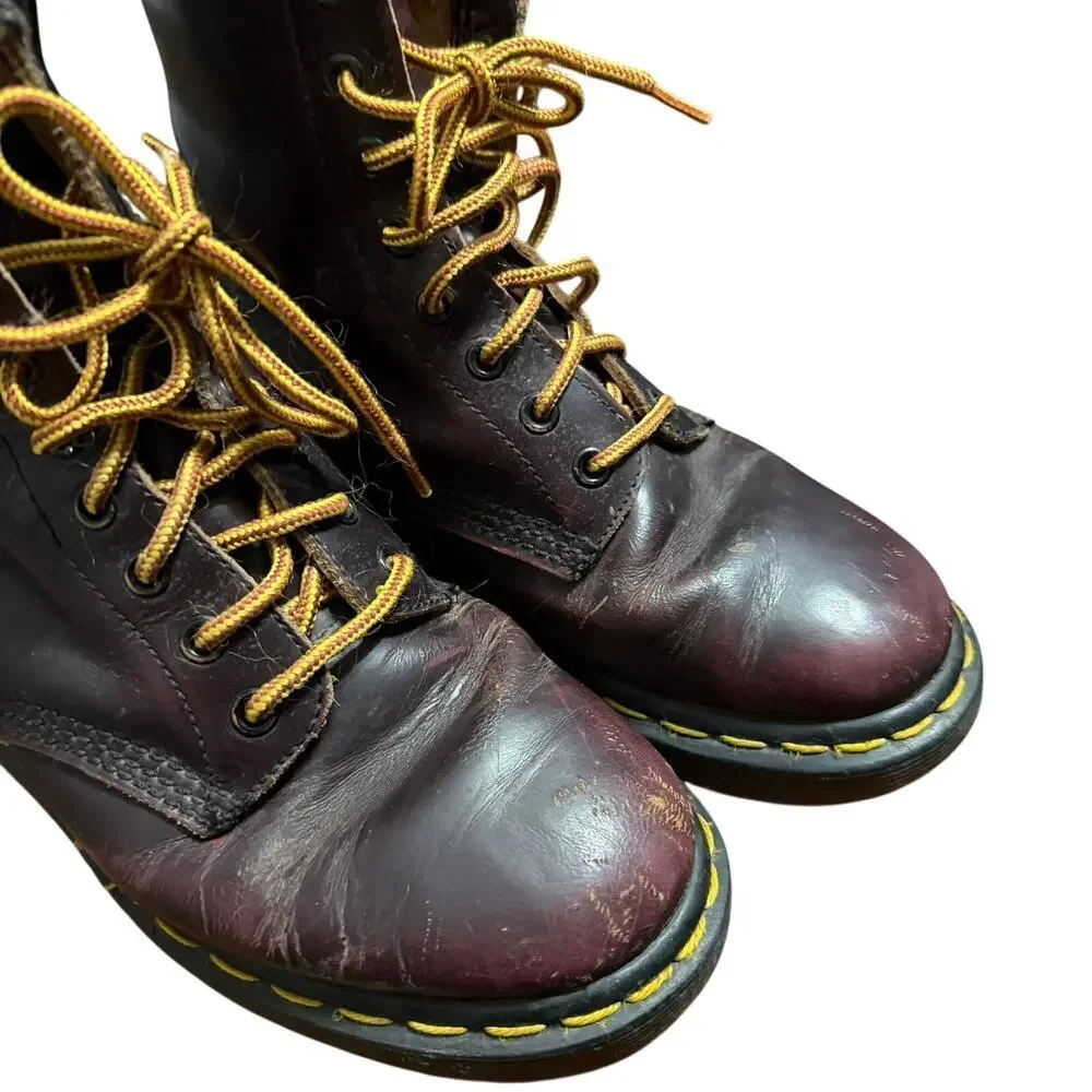 Vintage Dr Martens Burgundy Red Distressed Leather Boots Size 5